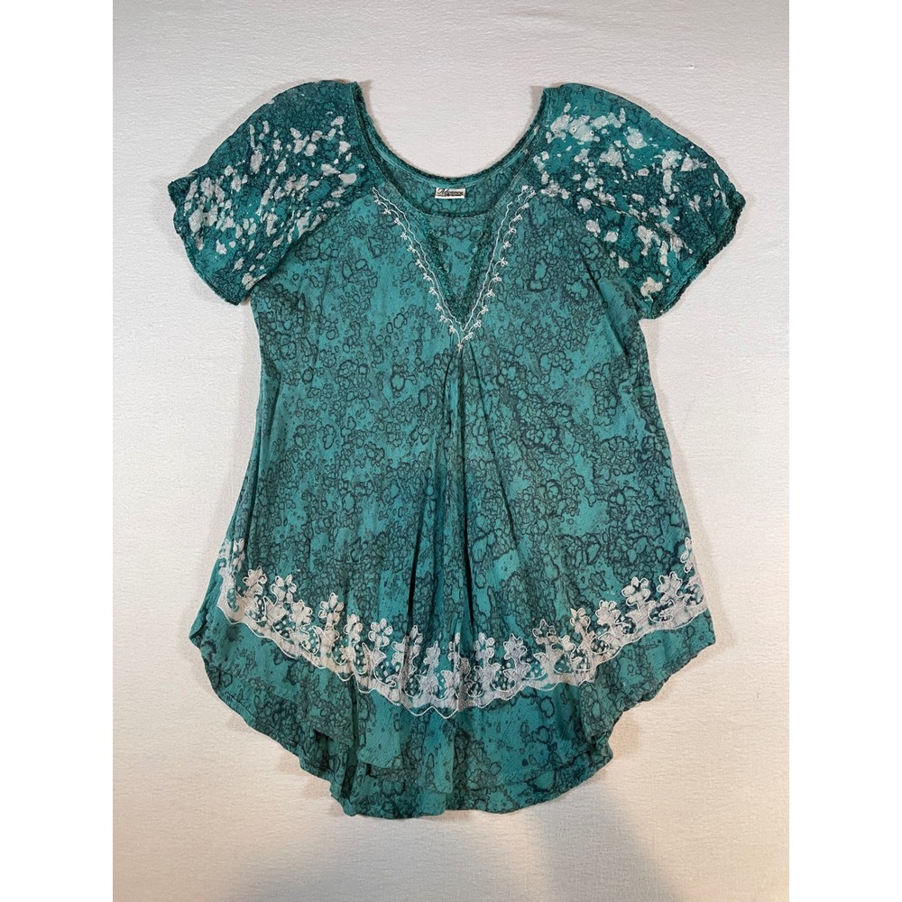 Advance Apparels Women Plus Size Teal Cotton Boho Embroidered Lace Hem Tunic Top